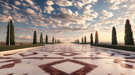Stunning view of a stone pathway lined with trees, under a dramatic sunset sky. The rich patterns and serene atmosphere create a perfect outdoor setting.の素材
