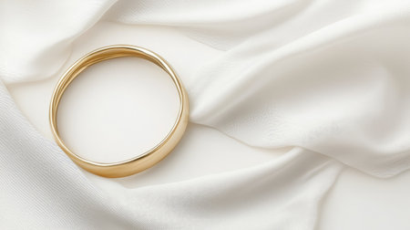 A stunning gold ring rests gracefully on soft white silk fabric, showcasing its elegance and simplicity. Perfect for jewelry displays and romantic themes.の素材