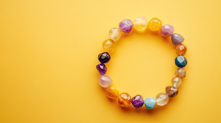 A vibrant stone bracelet elegantly displayed on a bright yellow background. Ideal for jewelry enthusiasts seeking colorful and unique accessories.の素材