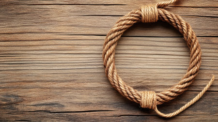 A rustic circle of natural twine rests on a wooden surface, showcasing the intricate knot. Perfect for crafts, DIY projects, or nature-themed designs.の素材