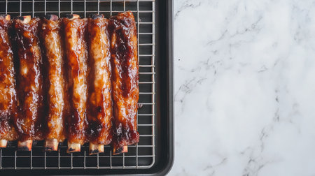 Succulent barbecue ribs glistening with rich sauce on a cooling rack. Perfectly cooked, these ribs offer a mouthwatering dish that elevates any meal.の素材