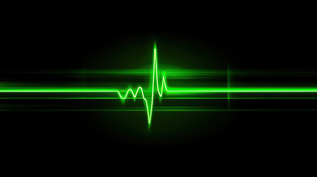 A vibrant green heartbeat line against a black background, perfect for representing health, life, and technology in medical graphics and illustrations.の素材