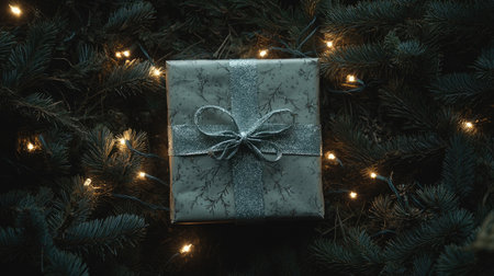 A beautifully wrapped gift box sits amidst pine branches and glowing lights, evoking a cozy and festive atmosphere perfect for any special occasion.の素材