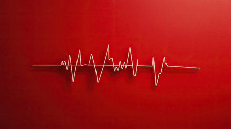 This abstract graphic features a heartbeat line on a vibrant red background, symbolizing life and vitality with its clean, modern design and smooth contours.の素材
