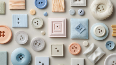 A vibrant assortment of crafting buttons in soft pastel colors, arranged neatly on a light background. Ideal for creative projects and inspirations.の素材
