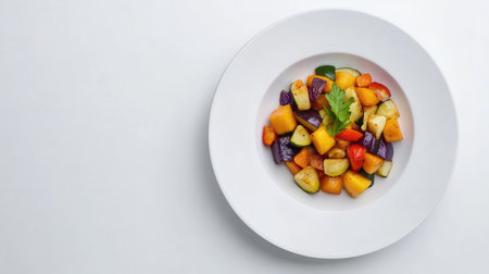 A vibrant medley of fresh vegetables elegantly arranged on a white plate, featuring a garnish that enhances the healthy appeal of this colorful dish.の素材