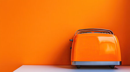 A bright orange toaster sits on a white countertop, contrasting with a vibrant orange wall. This modern kitchen appliance enhances the cheerful atmosphere.の素材