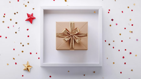 A beautifully wrapped gift box adorned with a glittery ribbon sits on a festive background, surrounded by colorful confetti and decorative stars.の素材