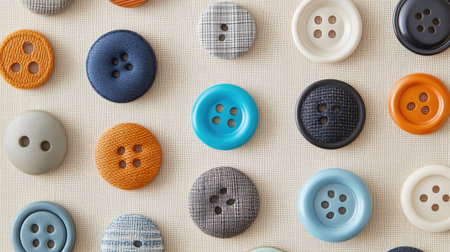 A vibrant array of sewing buttons displayed on a textured fabric background. Each button features unique colors and patterns, ideal for craft projects and fashion designs.の素材