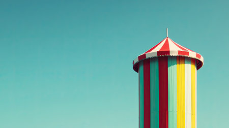 A vibrant and colorful water tower stands tall against a clear blue sky, showcasing striking stripes of red, yellow, and white, evoking a sense of nostalgia and joy.の素材