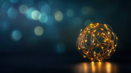 A beautiful illuminated wire sphere resting on a dark surface, surrounded by a soft bokeh background. This image captures a warm and elegant ambiance, perfect for various creative projects.の素材