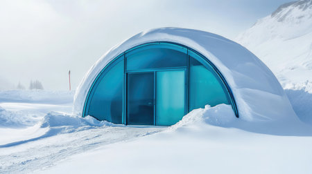 Stunning modern ice house featuring blue glass nestled in a snowy landscape. Perfect for winter escapes and serene adventures in nature's beauty.の素材