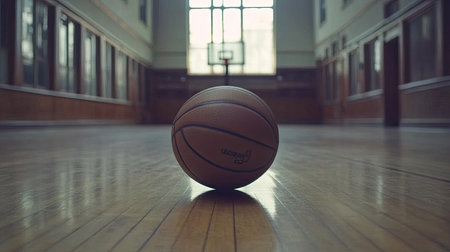 A close-up view of a basketball resting on a polished wooden floor in a spacious and empty gymnasium, illuminated by natural light.の素材