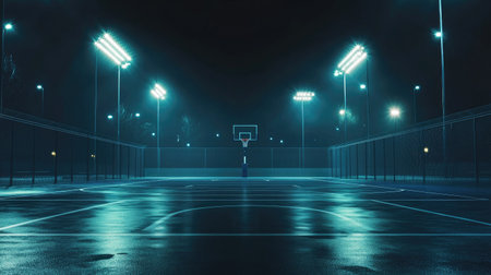 A serene night scene featuring an illuminated basketball court with wet surfaces reflecting bright lights. The setting captures solitude and tranquility in an urban space.の素材