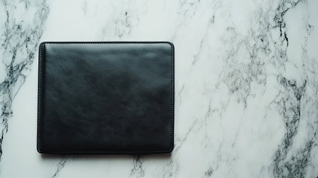 A sophisticated black leather portfolio rests on a sleek marble surface, perfect for professionals seeking elegance in their workspace. Ideal for presentations or organizing documents.の素材