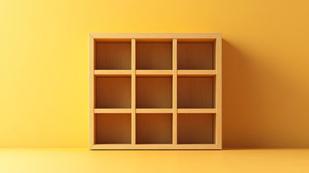 A wooden shelf featuring empty compartments set against a bright yellow wall. This minimalist design provides a clean and modern touch to any interior space.の素材