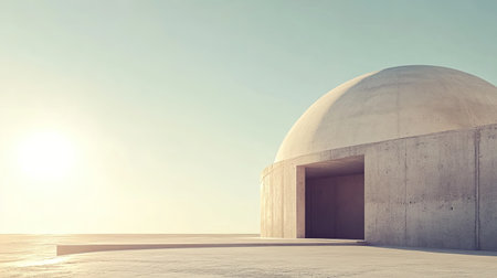 Explore a stunning minimalist concrete structure with a dome-shaped roof, bathed in soft light at sunset, creating a serene and peaceful atmosphere in an expansive landscape.の素材