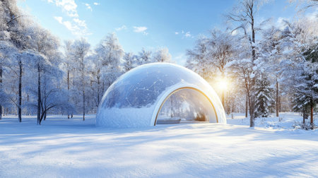 A stunning winter landscape features a transparent geodesic dome surrounded by pristine snow and tranquil trees, bathed in soft sunlight.の素材