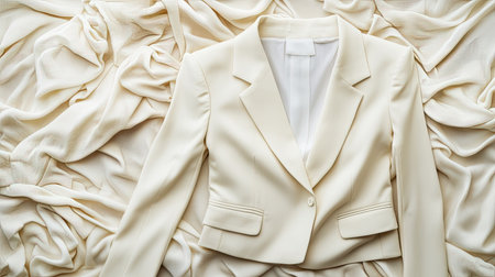 A chic white blazer elegantly placed on a soft draped fabric background, showcasing minimalist design and timeless style ideal for fashion shoots or clothing catalogs.の素材