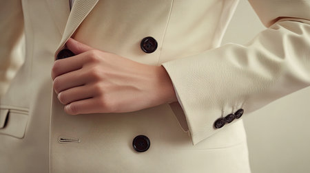 A close-up view of a hand adjusting a beige suit jacket, highlighting the detail of buttons and fabric texture, showcasing elegance and style.の素材