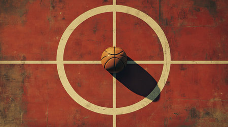 An overhead view of a basketball resting on a circular court, casting a shadow. The rustic red surface adds character, highlighting the essence of sports and recreation.の素材