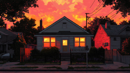 A charming house illuminated by a stunning sunset, featuring vibrant pink and orange hues in the sky. This image captures the warmth and tranquility of evening.の素材