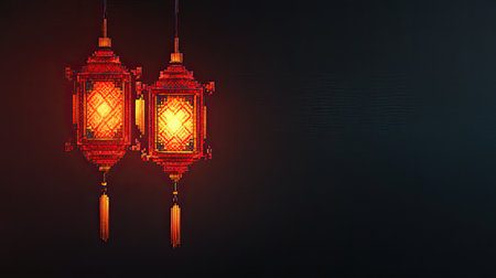This image features two elegant traditional lanterns glowing warmly in a dark setting, creating a captivating ambiance perfect for decor or cultural themes.の素材