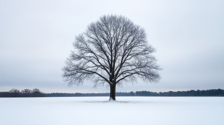 A striking lone tree stands amidst a snow-covered landscape, creating a serene and peaceful winter scene. The empty space enhances its majestic beauty.の素材