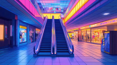 A modern shopping mall interior featuring escalators and vibrant neon lighting. The spacious design showcases retail areas, creating an inviting atmosphere.の素材