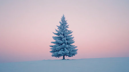 A stunning winter scene featuring a frosted pine tree standing alone against a pastel sky, capturing the essence of tranquility and natural beauty in a serene landscape.の素材