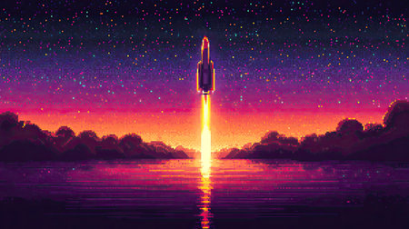 A captivating retro pixel art scene depicts a rocket launching into a colorful starry sky at sunset, reflecting on tranquil waters. Perfect for digital art enthusiasts.の素材
