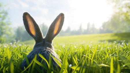 A serene view of a rabbit's ears poking through lush green grass under a bright sky. The light brings a peaceful atmosphere to this charming outdoor scene.の素材