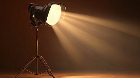 A lone studio light illuminates a dark setting, casting warm rays and creating a dramatic atmosphere. Ideal for photography, film, and artistic projects.の素材
