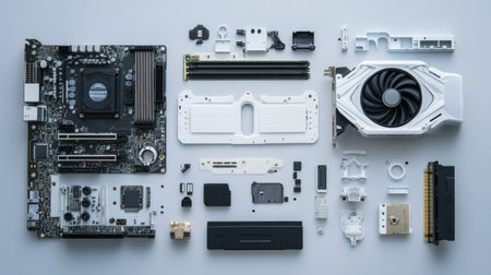 A detailed layout of a computer motherboard and its components arranged on a gray background, showcasing various electronic parts for technology enthusiasts and professionals.の素材