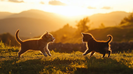 A heartwarming scene of a puppy and kitten playing together at sunset. Silhouetted against a vibrant sky, they embody joy and companionship in nature.の素材