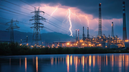 A stunning scene capturing lightning striking over an industrial plant at dusk, illuminating the skyline and creating reflections on the water's surface.の素材