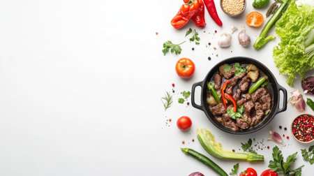 Vibrant arrangement of fresh ingredients surrounding a black pot of beef stew. Perfect for showcasing culinary creativity and healthy meal preparation.の素材