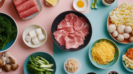 A vibrant flat lay of fresh ingredients for a delicious homemade hot pot meal. Featuring meats, vegetables, noodles, and seasonings, ideal for cooking enthusiasts.の素材
