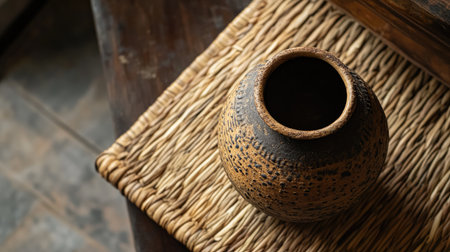 A rustic clay pot sits atop a woven mat, showcasing natural textures and earthy tones. This image highlights artisan craftsmanship and minimalist decor.の素材