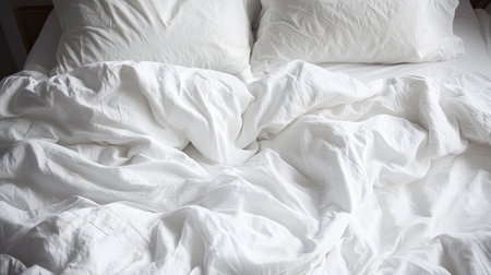 A serene view of soft white bedding featuring crumpled textiles and fluffy pillows. Perfect for showcasing comfort and relaxation in a modern bedroom setting.の素材