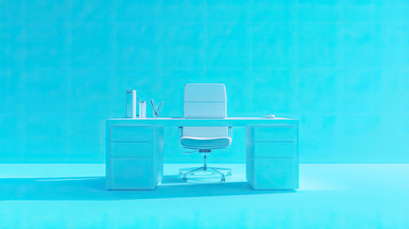 A sleek and modern workspace featuring a bright blue background, a large desk, and an ergonomic chair. Ideal for showcasing creative design and productivity.の素材
