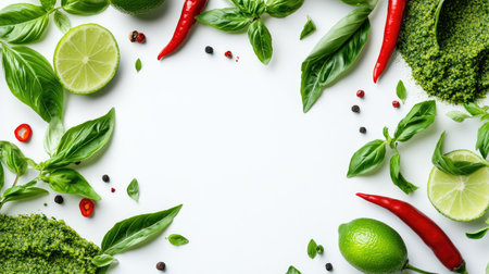 A vibrant arrangement of fresh herbs, lime, and spices on a clean white surface, perfect for cooking enthusiasts or culinary presentations.の素材