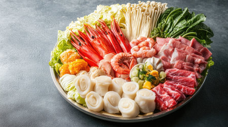 A vibrant assortment of fresh seafood, vegetables, and meats arranged beautifully on a platter, perfect for preparing a delicious Japanese hot pot meal at home.の素材