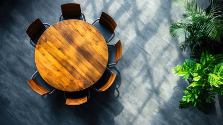 A round wooden table with chairs arranged around it in a modern, bright space. The composition features natural light, greenery, and a minimalist aesthetic, perfect for inspiring collaboration.の素材