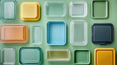 Bright and colorful food storage containers arranged neatly on a green background. Ideal for organizing kitchen spaces and keeping meals fresh.の素材