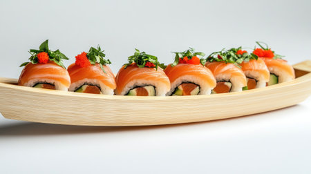 A visually appealing arrangement of fresh sushi rolls with salmon and vegetables, artfully presented on a wooden platter. Perfect for food enthusiasts and chefs.の素材