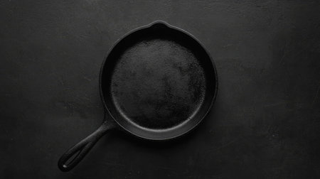 A black cast iron skillet placing emphasis on its smooth surface, ideal for culinary use in home kitchens or professional restaurants, showcasing durability and functionality.の素材