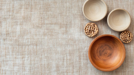 A serene arrangement featuring natural wooden bowls placed on a textured linen background, complemented by scattered seeds, perfect for showcasing organic lifestyle.の素材