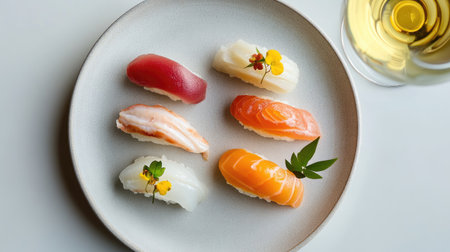 A beautiful assortment of fresh sushi with delicate toppings, elegantly presented on a plate beside a glass of beverage, showcasing culinary artistry and flavors.の素材