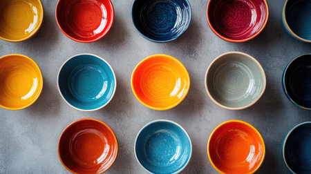A stunning overhead view of colorful ceramic bowls arranged on a textured surface, showcasing vibrant colors that enhance any kitchen or dining space.の素材